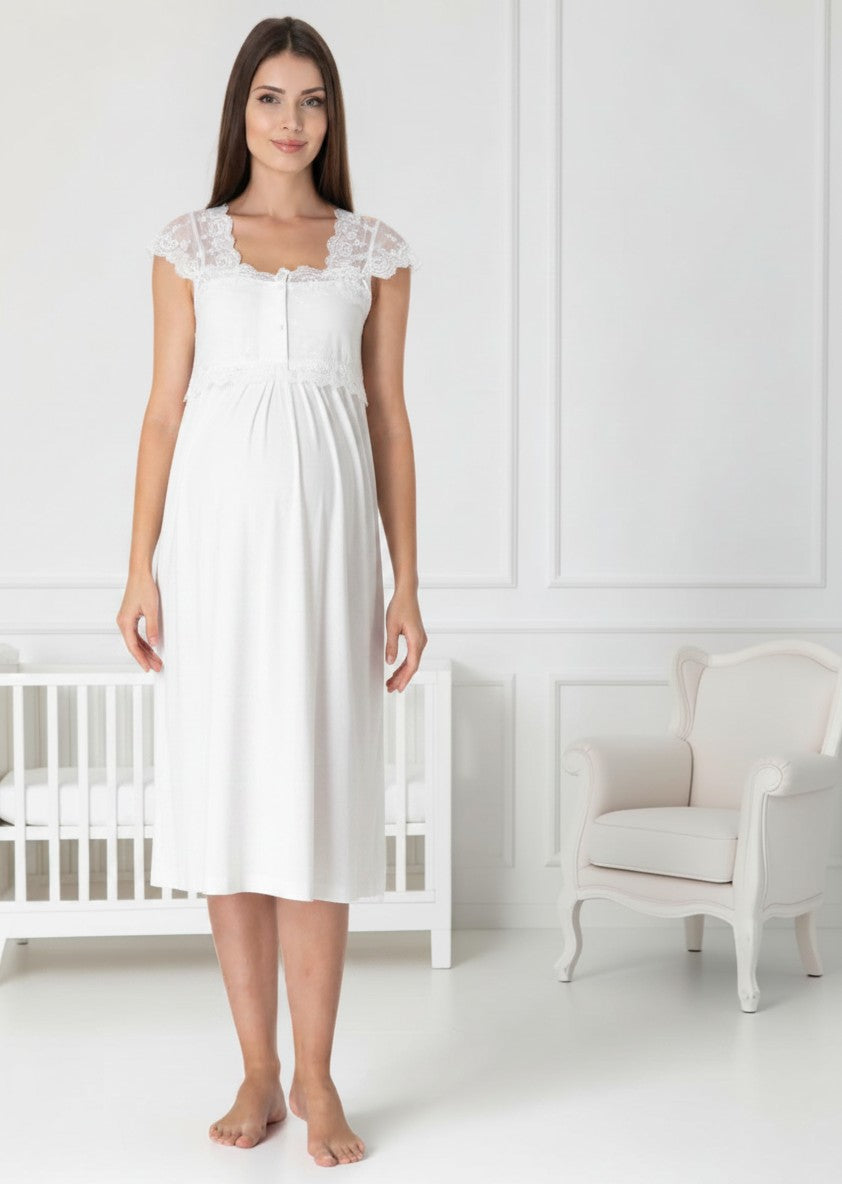 White maternity nightie and robe set by Mini Plum – nursing maternity nightwear, breastfeeding button-down, hospital bag & baby shower gift