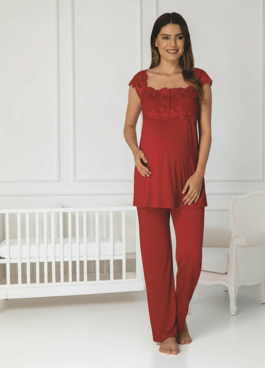 Cherry Red maternity pyjamas by Mini Plum – nursing maternity nightwear, breastfeeding button-down, hospital bag & baby shower gift