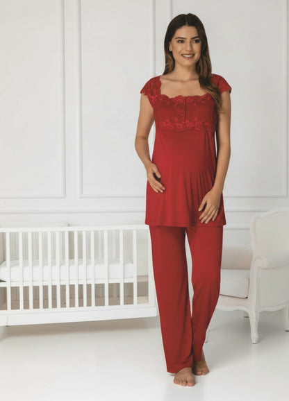 Cherry Red maternity pyjamas by Mini Plum – nursing maternity nightwear, breastfeeding button-down, hospital bag & baby shower gift