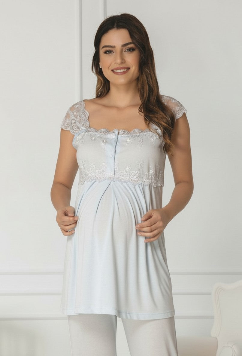 Gray maternity pyjamas by Mini Plum – nursing maternity nightwear, breastfeeding button-down, hospital bag & baby shower gift