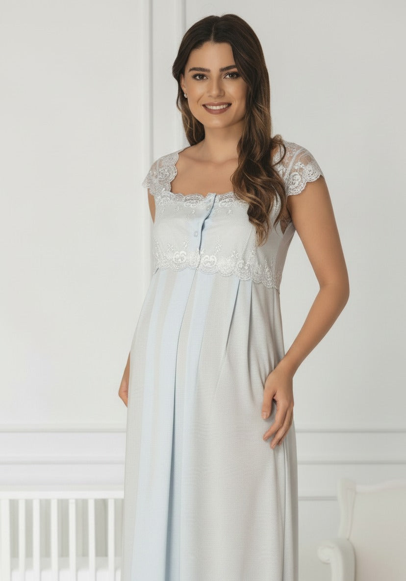 Blue maternity nightie by Mini Plum – nursing maternity nightwear, breastfeeding button-down, hospital bag & baby shower gift