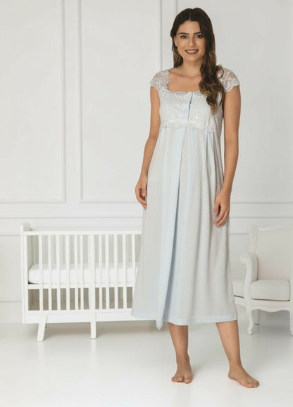 Blue maternity nightie by Mini Plum – nursing maternity nightwear, breastfeeding button-down, hospital bag & baby shower gift