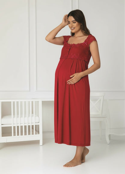 Cherry Red maternity nightie by Mini Plum – nursing maternity nightwear, breastfeeding button-down, hospital bag & baby shower gift
