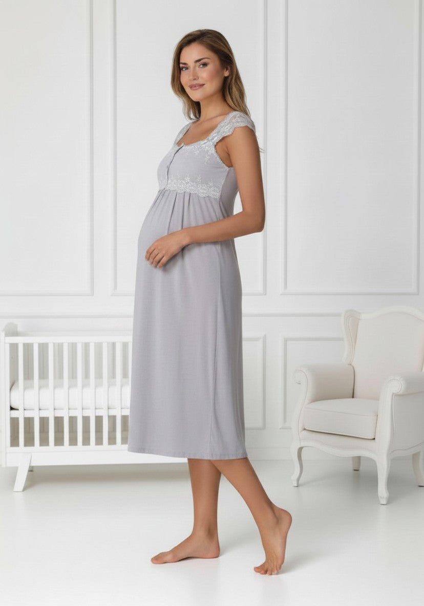 Gray maternity nightie by Mini Plum – nursing maternity nightwear, breastfeeding button-down, hospital bag & baby shower gift