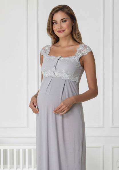 Gray maternity nightie by Mini Plum – nursing maternity nightwear, breastfeeding button-down, hospital bag & baby shower gift