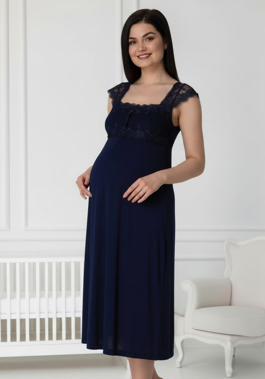 Navy maternity nightie by Mini Plum, short sleeve lace yoke – nursing & breastfeeding nightwear, postpartum, hospital bag ready