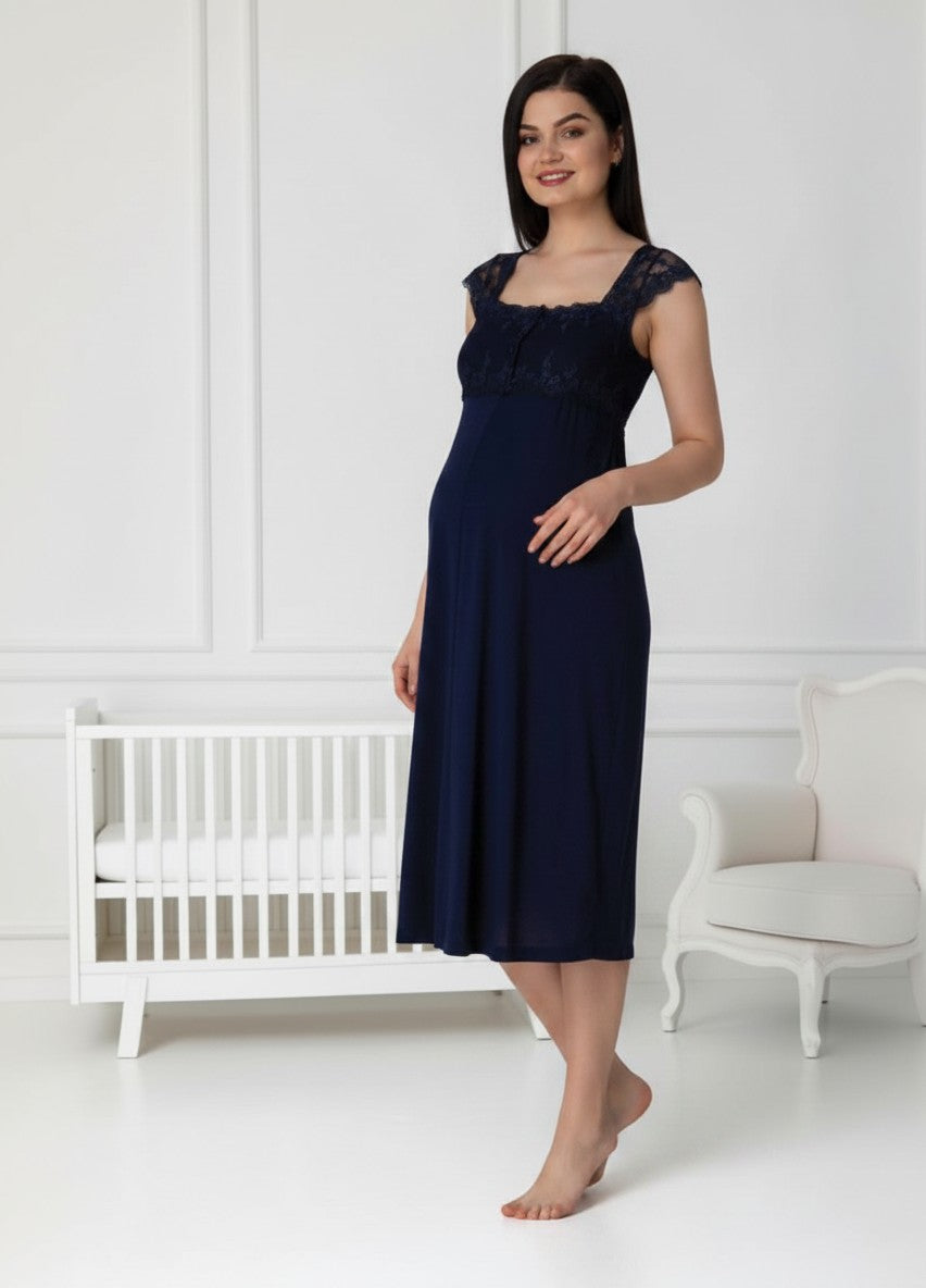 Navy maternity nightie by Mini Plum – nursing maternity nightwear, breastfeeding button-down, hospital bag & baby shower gift