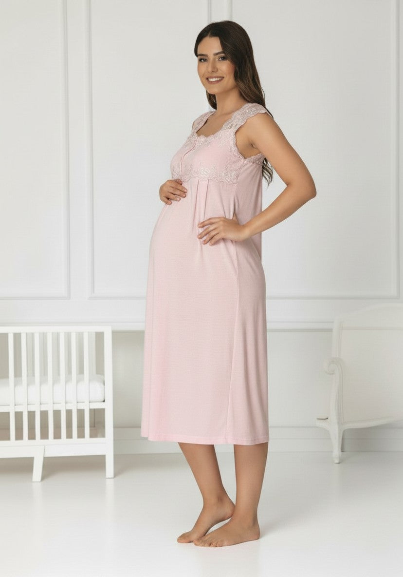 Pink maternity nightie by Mini Plum – nursing maternity nightwear, breastfeeding button-down, hospital bag & baby shower gift