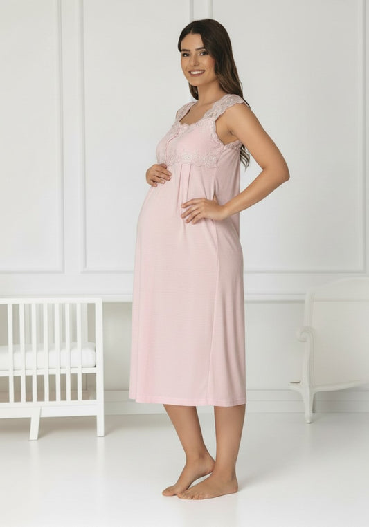 Pink maternity nightie by Mini Plum, short sleeve lace yoke – nursing & breastfeeding nightwear, postpartum, hospital bag ready