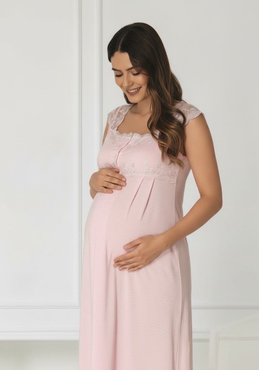 Pink maternity nightie by Mini Plum – nursing maternity nightwear, breastfeeding button-down, hospital bag & baby shower gift