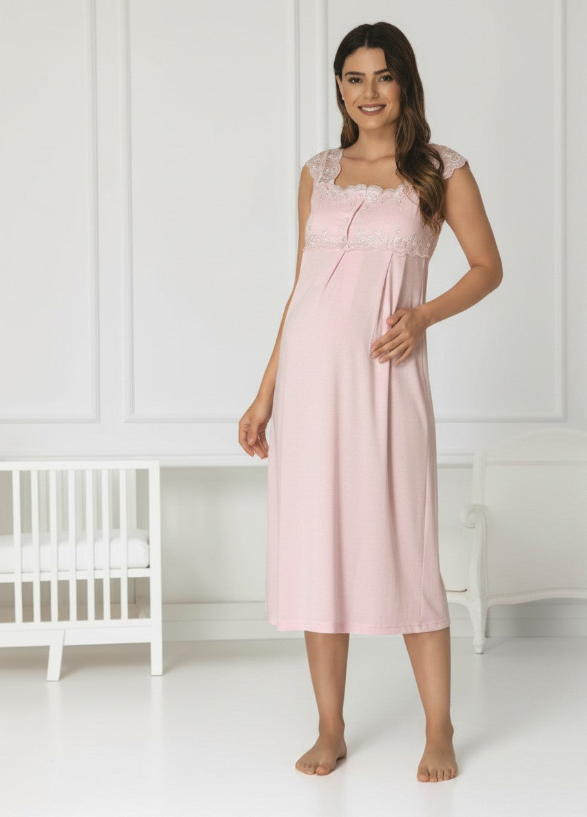 Pink maternity nightie by Mini Plum – nursing maternity nightwear, breastfeeding button-down, hospital bag & baby shower gift