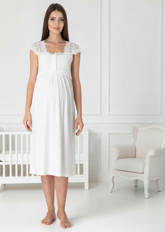 White maternity nightie by Mini Plum, short sleeve lace yoke – nursing & breastfeeding nightwear, postpartum, hospital bag ready