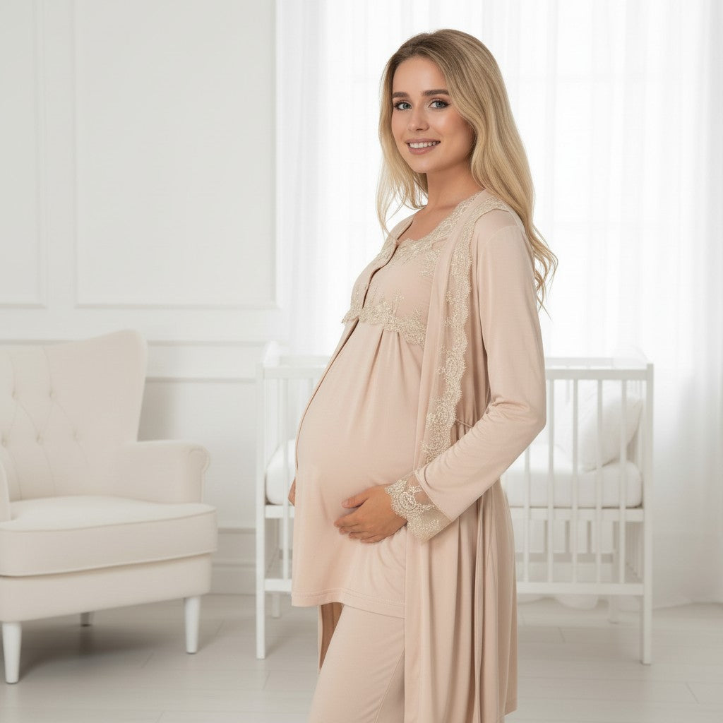 Beige maternity pyjama & robe set by Mini Plum – nursing maternity nightwear, breastfeeding button-down, hospital bag & baby shower gift