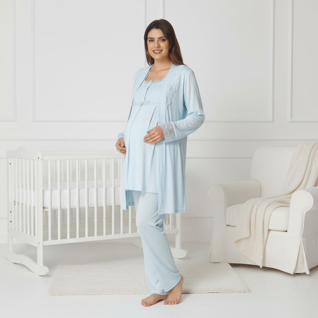 Blue maternity pyjama & robe set by Mini Plum – nursing maternity nightwear, breastfeeding button-down, hospital bag & baby shower gift