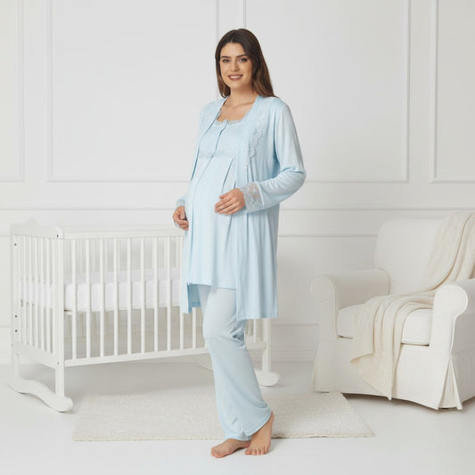 Blue maternity pyjama & robe set by Mini Plum, long sleeve lace cuff – nursing & breastfeeding nightwear, postpartum, hospital bag ready
