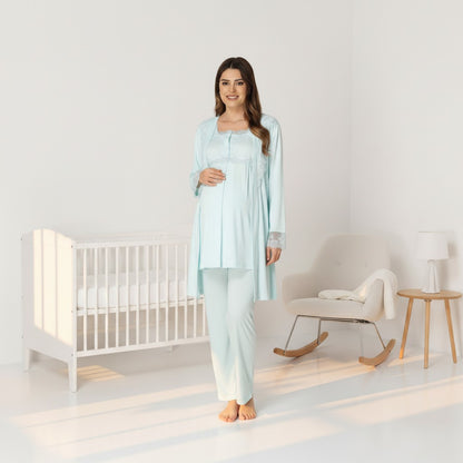 Blue maternity pyjama & robe set by Mini Plum – nursing maternity nightwear, breastfeeding button-down, hospital bag & baby shower gift