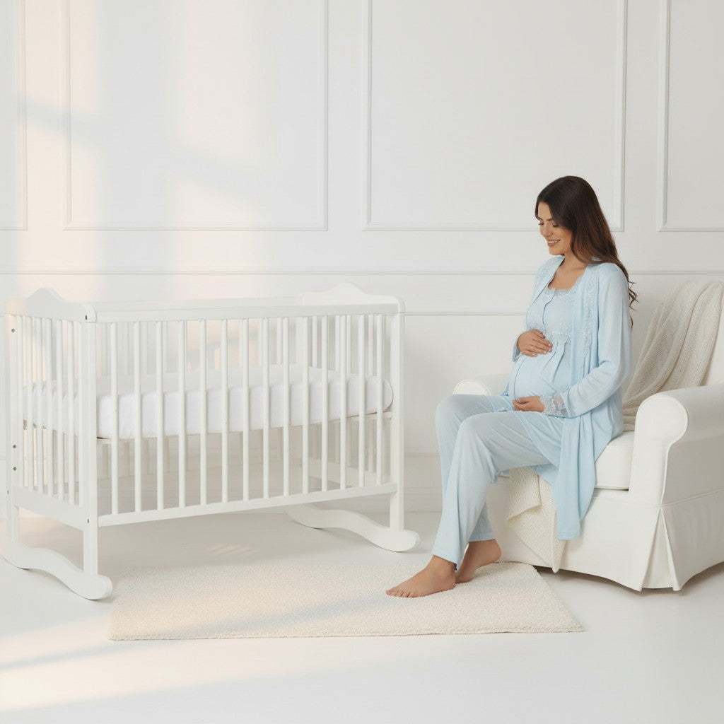 Blue maternity pyjama & robe set by Mini Plum – nursing maternity nightwear, breastfeeding button-down, hospital bag & baby shower gift