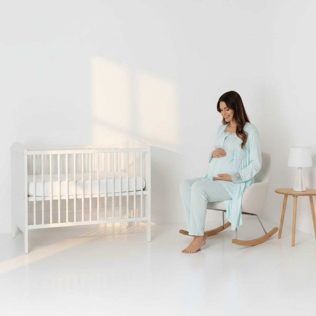Blue maternity pyjama & robe set by Mini Plum – nursing maternity nightwear, breastfeeding button-down, hospital bag & baby shower gift