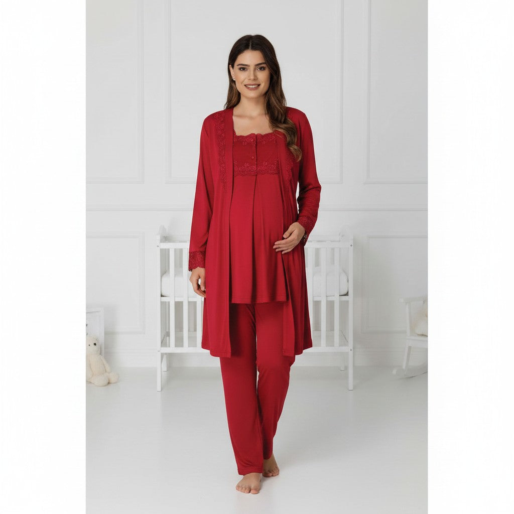 Cherry Red maternity pyjama & robe set by Mini Plum – nursing maternity nightwear, breastfeeding button-down, hospital bag & baby shower gift