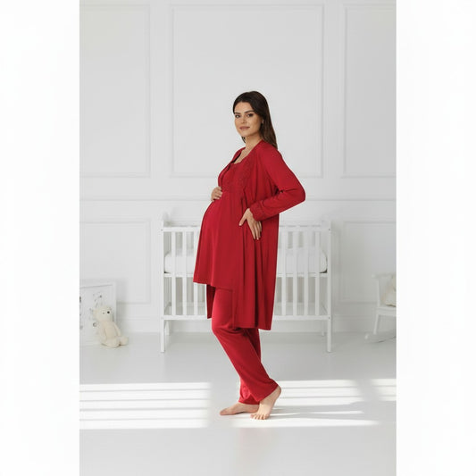 Cherry Red maternity pyjama & robe set by Mini Plum, long sleeve lace cuff – nursing & breastfeeding nightwear, postpartum, hospital bag ready