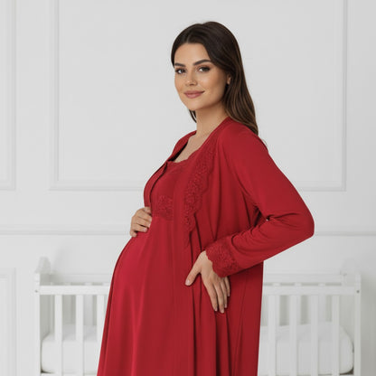 Cherry Red maternity pyjama & robe set by Mini Plum – nursing maternity nightwear, breastfeeding button-down, hospital bag & baby shower gift