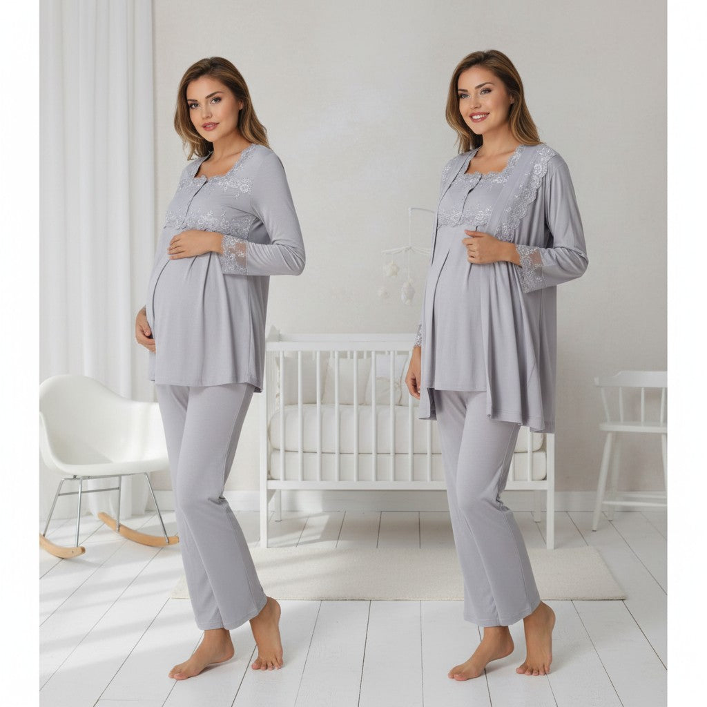Gray maternity pyjama & robe set by Mini Plum – nursing maternity nightwear, breastfeeding button-down, hospital bag & baby shower gift