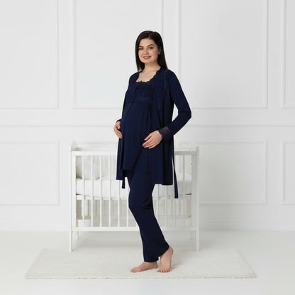 Navy maternity pyjama & robe set by Mini Plum – nursing maternity nightwear, breastfeeding button-down, hospital bag & baby shower gift
