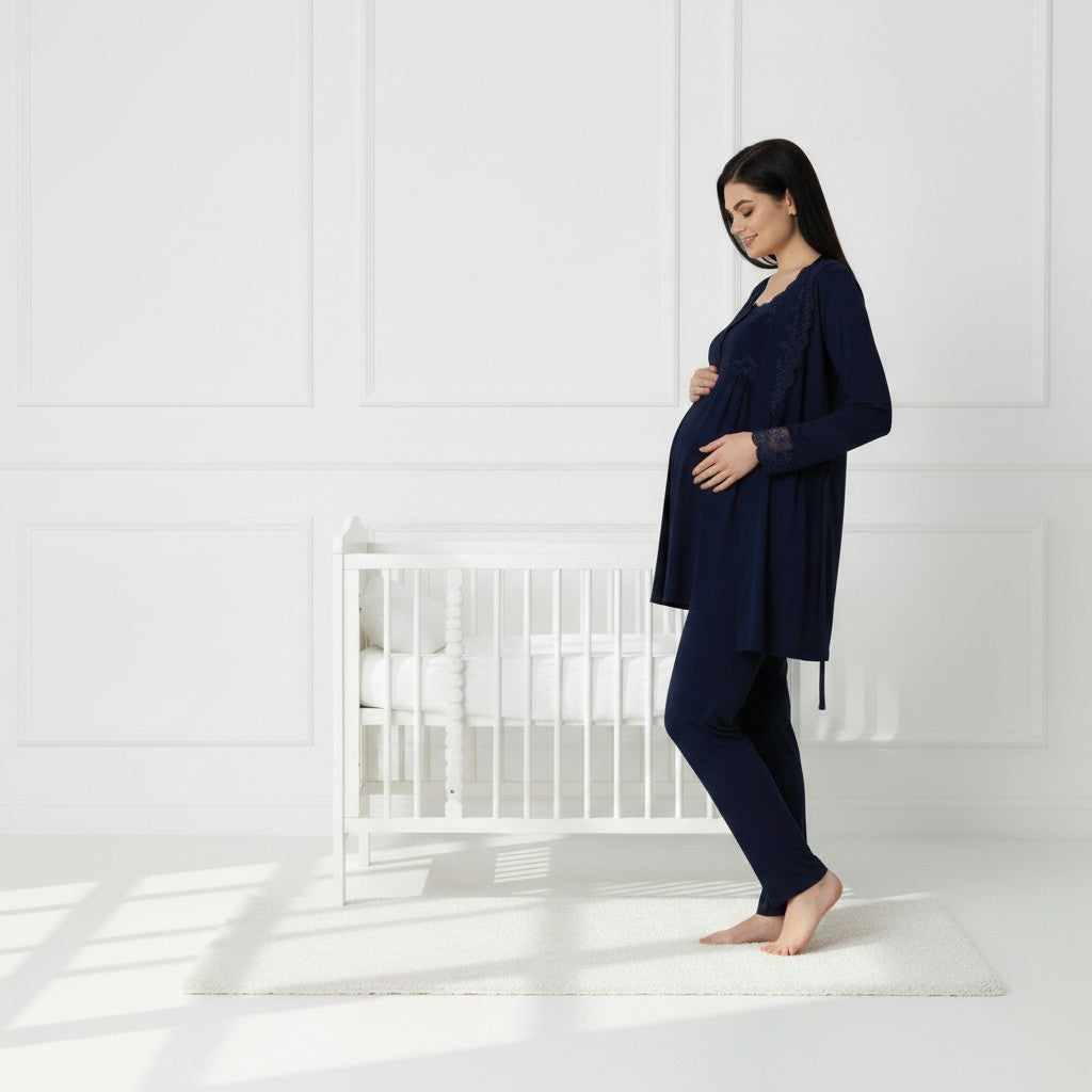 Navy maternity pyjama & robe set by Mini Plum – nursing maternity nightwear, breastfeeding button-down, hospital bag & baby shower gift