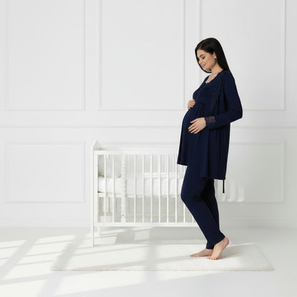 Navy maternity pyjama & robe set by Mini Plum – nursing maternity nightwear, breastfeeding button-down, hospital bag & baby shower gift