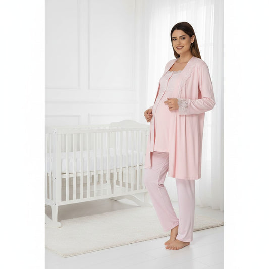 Pink maternity pyjama & robe set by Mini Plum, long sleeve lace cuff – nursing & breastfeeding nightwear, postpartum, hospital bag ready
