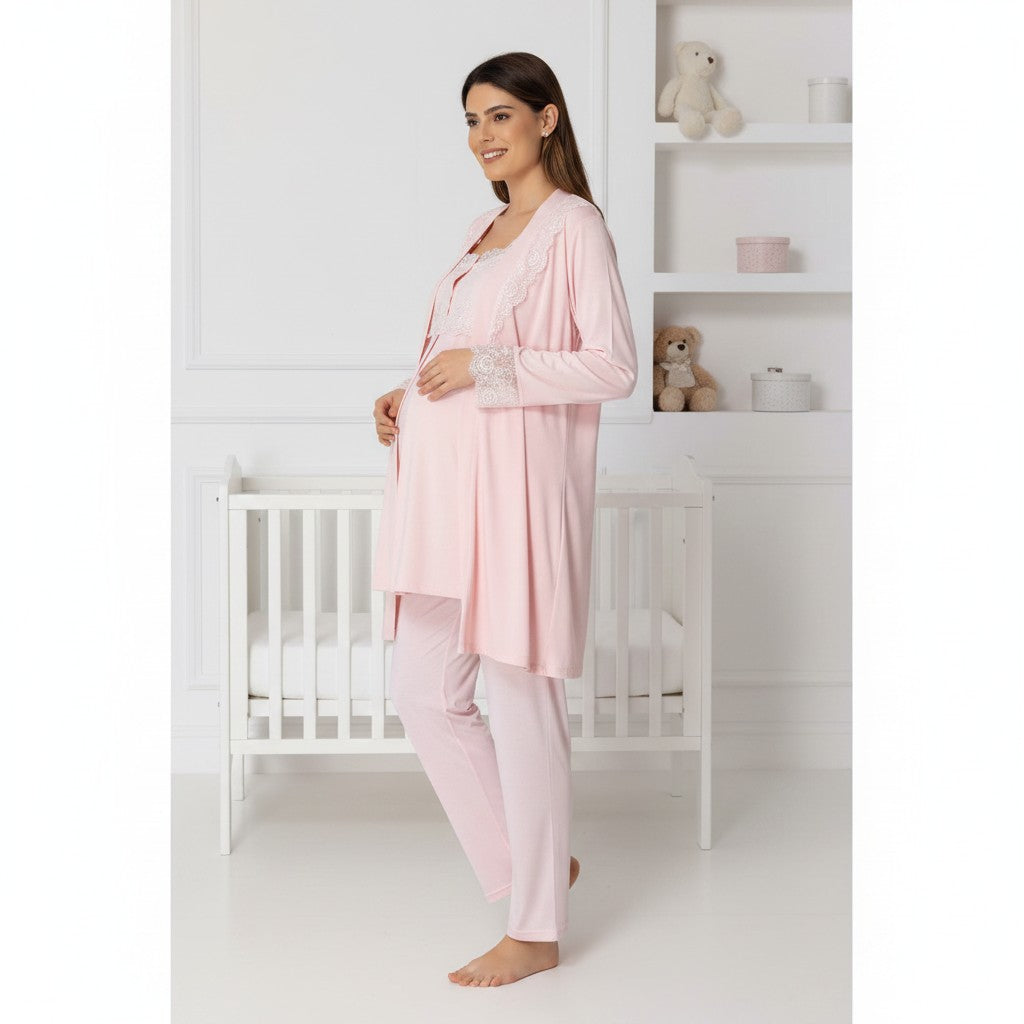 Pink maternity pyjama & robe set by Mini Plum – nursing maternity nightwear, breastfeeding button-down, hospital bag & baby shower gift