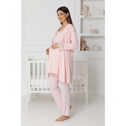 Pink maternity pyjama & robe set by Mini Plum – nursing maternity nightwear, breastfeeding button-down, hospital bag & baby shower gift