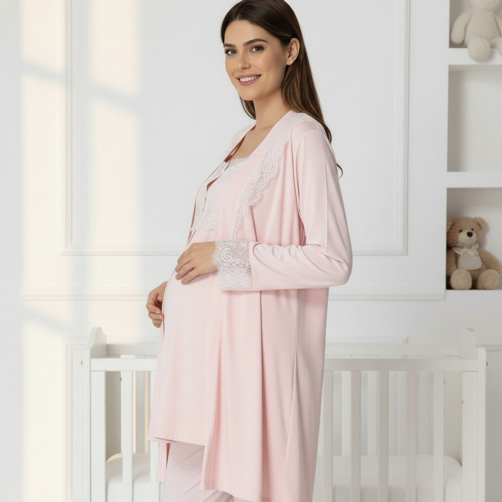 Pink maternity pyjama & robe set by Mini Plum – nursing maternity nightwear, breastfeeding button-down, hospital bag & baby shower gift
