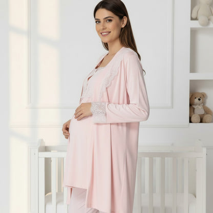 Pink maternity pyjama & robe set by Mini Plum – nursing maternity nightwear, breastfeeding button-down, hospital bag & baby shower gift