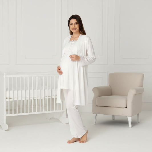 White maternity pyjama & robe set by Mini Plum, long sleeve lace cuff – nursing & breastfeeding nightwear, postpartum, hospital bag ready