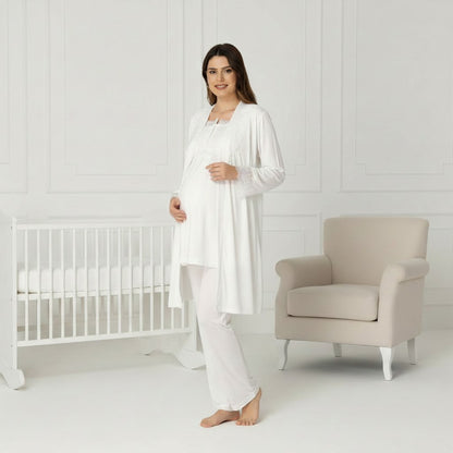White maternity pyjama & robe set by Mini Plum – nursing maternity nightwear, breastfeeding button-down, hospital bag & baby shower gift