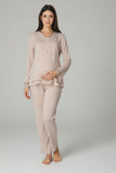 Beige maternity pyjamas by Mini Plum – lace neckline & button-front nursing detail, cotton modal