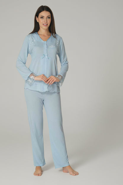 Blue maternity pyjamas by Mini Plum – lace detail and V-neck, maternity & nursing