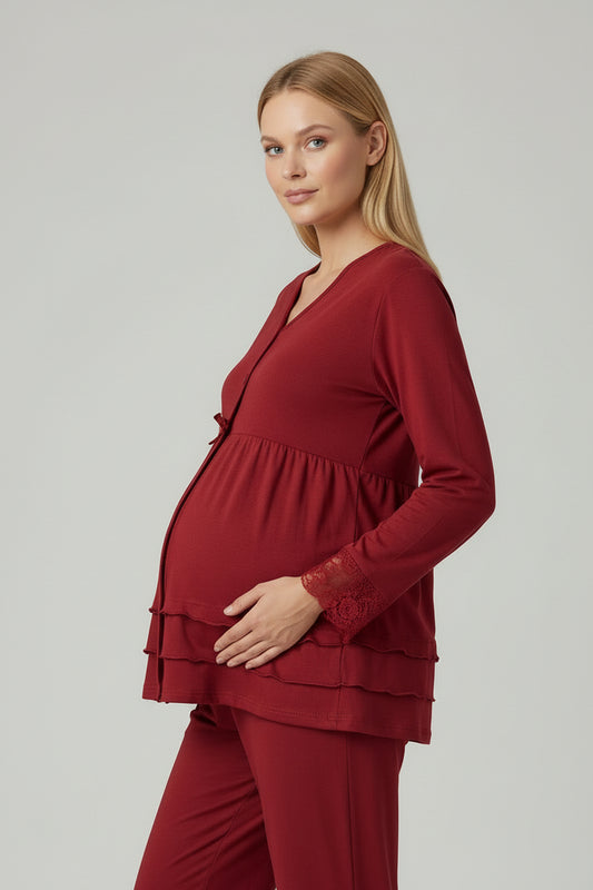 Cherry Red maternity pyjamas by Mini Plum – long-sleeve nursing nightwear with V-neck, breastfeeding-friendly, hospital bag ready