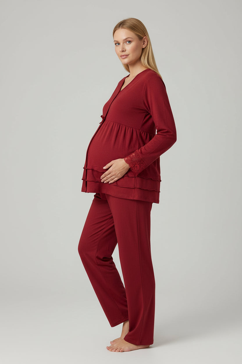 Cherry Red maternity pyjamas by Mini Plum – lace detail and V-neck, maternity & nursing
