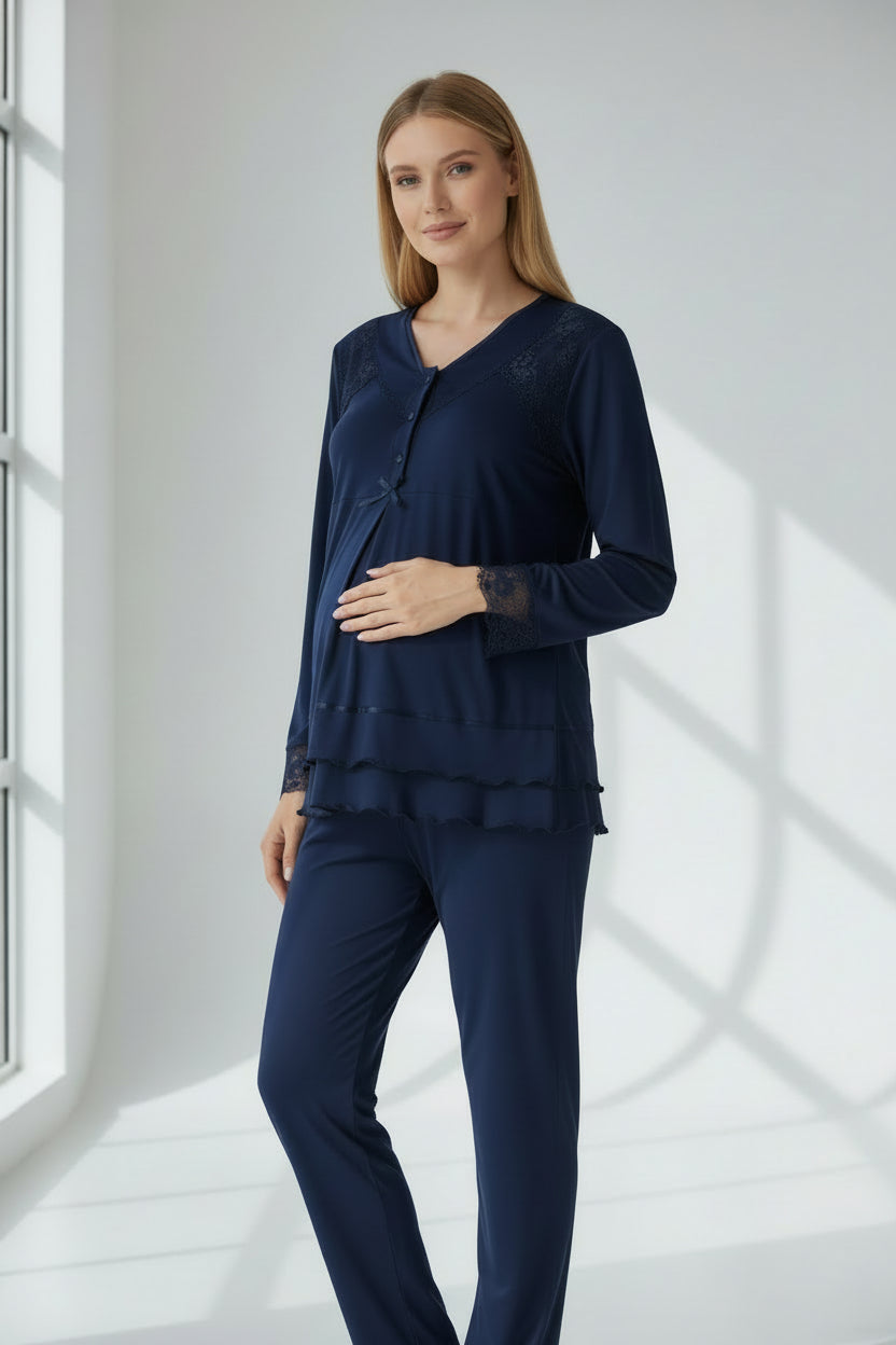 Navy maternity pyjamas by Mini Plum – long-sleeve nursing nightwear with V-neck, breastfeeding-friendly, hospital bag ready