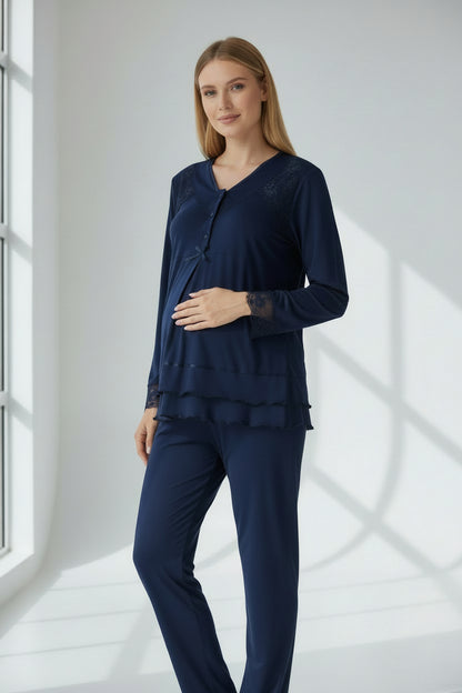 Navy maternity pyjamas by Mini Plum – long-sleeve nursing nightwear with V-neck, breastfeeding-friendly, hospital bag ready