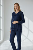 Navy maternity pyjamas by Mini Plum – lace neckline & button-front nursing detail, cotton modal
