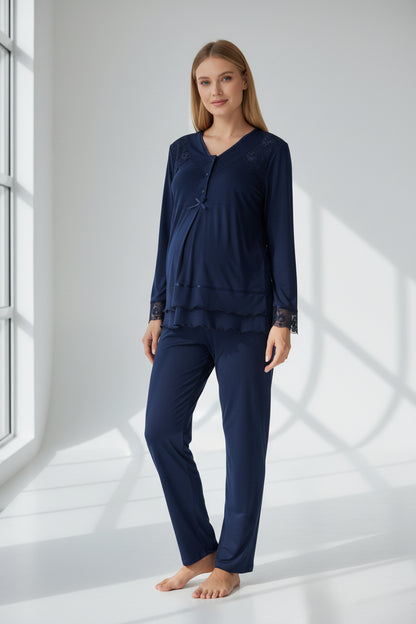 Navy maternity pyjamas by Mini Plum – long-sleeve with button-front nursing opening, side view