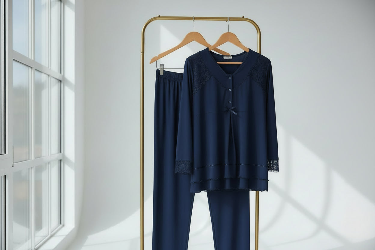 Navy maternity pyjamas by Mini Plum – close-up of lace detail, soft cotton-modal fabric