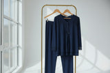Navy maternity pyjamas by Mini Plum – long-sleeve breastfeeding nightwear, fabric detail