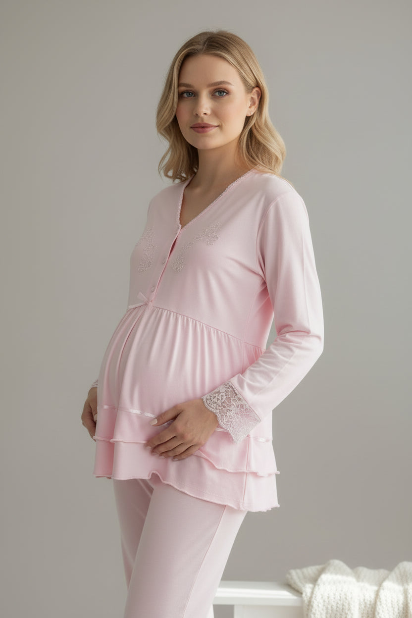 Pink maternity pyjamas by Mini Plum – lace detail and V-neck, maternity & nursing