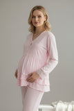 Pink maternity pyjamas by Mini Plum – lace neckline & button-front nursing detail, cotton modal