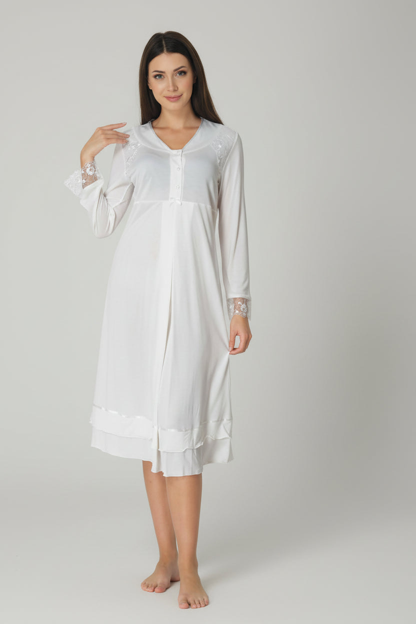 Navy maternity nightdress by Mini Plum – long-sleeve nursing nightwear with V-neck, breastfeeding-friendly, hospital bag ready