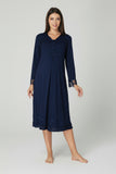 Navy maternity nightie by Mini Plum – side view, bump-friendly fit for pregnancy & postpartum